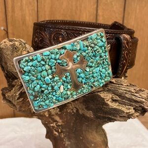 Nocona Silver Turquoise Textured Belt Buckle